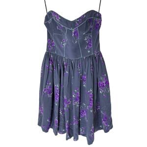 Rebecca Taylor Lily Dress Blue Purple 100% Silk Strapless Boho Mini Dress Size 4